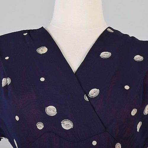 1950s Novelty Print Chiffon Dress Navy Blue with Globes