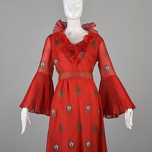 1970s Bright Red Alfred Shaheen Maxi Dress with Bell Sleeves