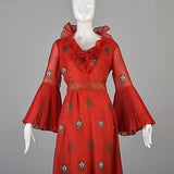 1970s Bright Red Alfred Shaheen Maxi Dress with Bell Sleeves