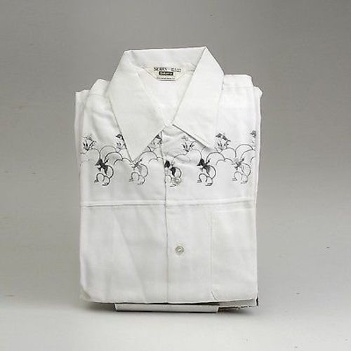 1950s Mens Deadstock White Shirt with Embroidered Birds