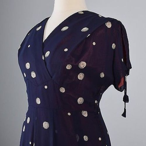 1950s Novelty Print Chiffon Dress Navy Blue with Globes
