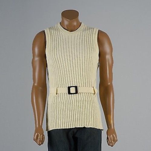 1970s Men's Mod Ribbed Knit Belted Sweater Vest in Cream