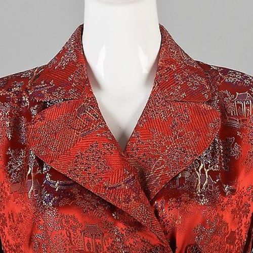 1940s Glamorous Red Brocade Dressing Gown