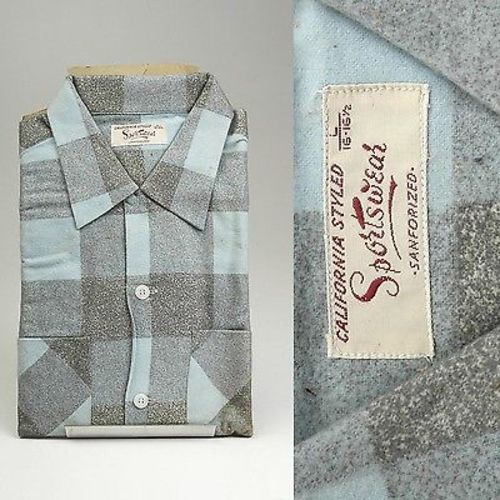 1950s Mens Deadstock Blue and Gray Plaid Flannel Shirt