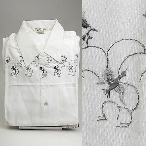 1950s Mens Deadstock White Shirt with Embroidered Birds