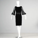 1960s Little Black Velvet Wiggle Dress with Dramatic  Sleeves