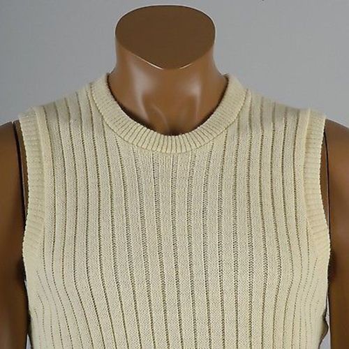 1970s Men's Mod Ribbed Knit Belted Sweater Vest in Cream