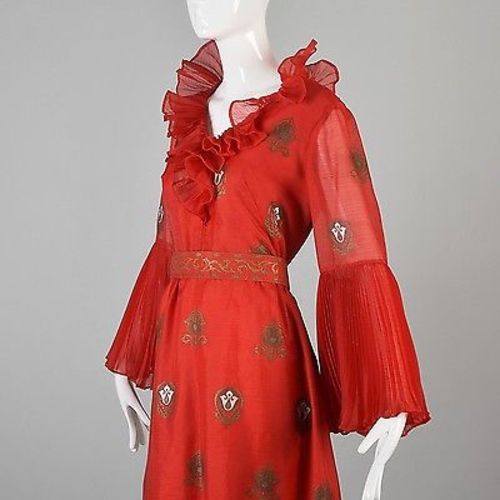 1970s Bright Red Alfred Shaheen Maxi Dress with Bell Sleeves