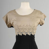 1950s Tan and Black Wiggle Dress with Rhinestone Applique