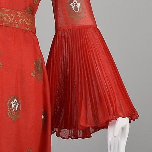 1970s Bright Red Alfred Shaheen Maxi Dress with Bell Sleeves