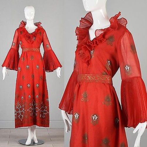 1970s Bright Red Alfred Shaheen Maxi Dress with Bell Sleeves