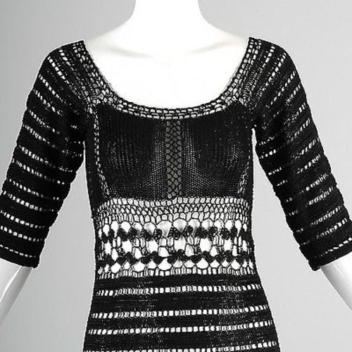 1970s Sheer Black Crochet Midi Dress