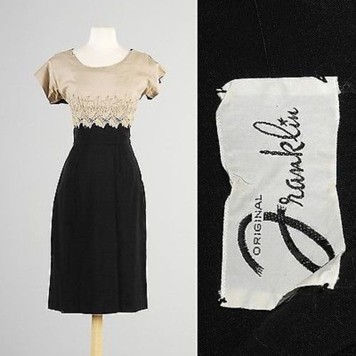 1950s Tan and Black Wiggle Dress with Rhinestone Applique