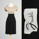 1950s Tan and Black Wiggle Dress with Rhinestone Applique