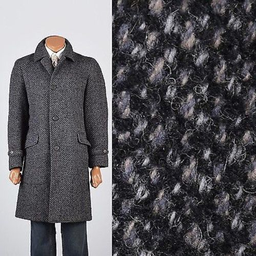 1960s Men's Mod Gray & Black Nubby Tweed Overcoat with Plaid Lining