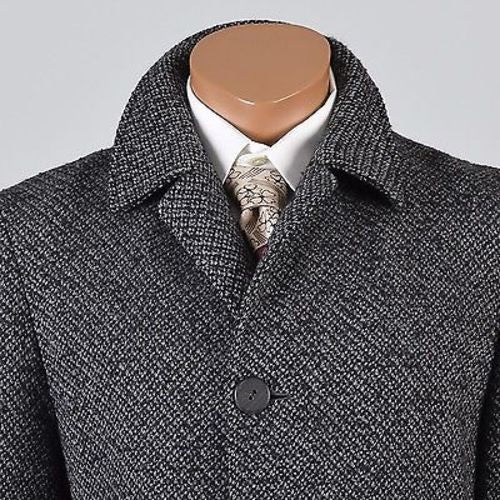 1960s Men's Mod Gray & Black Nubby Tweed Overcoat with Plaid Lining