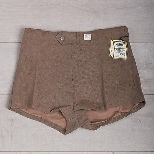 Size 34 Mens NOS VTG 60s Mod Tan Khaki Cotton Knit Mini Short Shorts High Rise