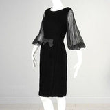 1960s Little Black Velvet Wiggle Dress with Dramatic  Sleeves