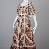 1970s Flowy Silk Bohemian Maxi Dress with Sheer Lace