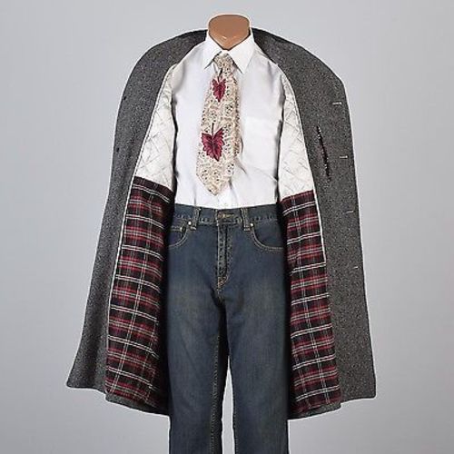 1960s Men's Charcoal Gray Tweed Overcoat Lined in Red Plaid