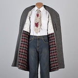 1960s Men's Charcoal Gray Tweed Overcoat Lined in Red Plaid