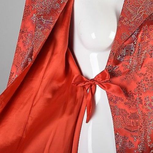 1940s Glamorous Red Brocade Dressing Gown