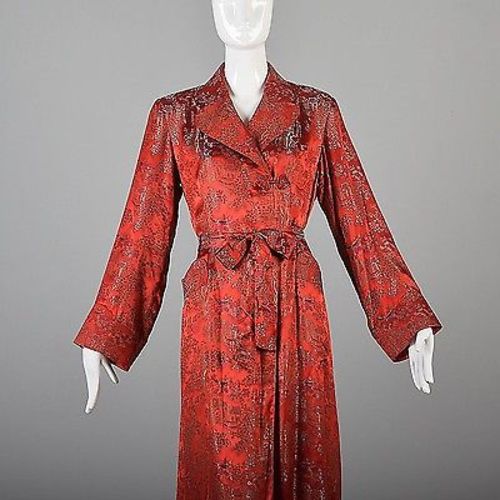 1940s Glamorous Red Brocade Dressing Gown