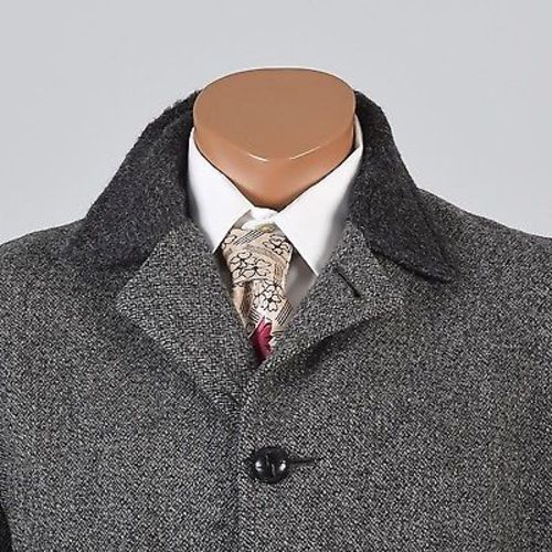 1960s Men's Charcoal Gray Tweed Overcoat Lined in Red Plaid