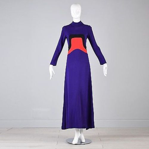 1960s Iconic Space Age Mod Long Sleeve Maxi Dress in Bright Purple Knit