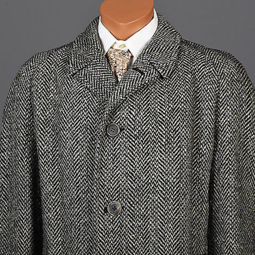 1950 Men's Irish Tweed Overcoat in Black & White Herringbone