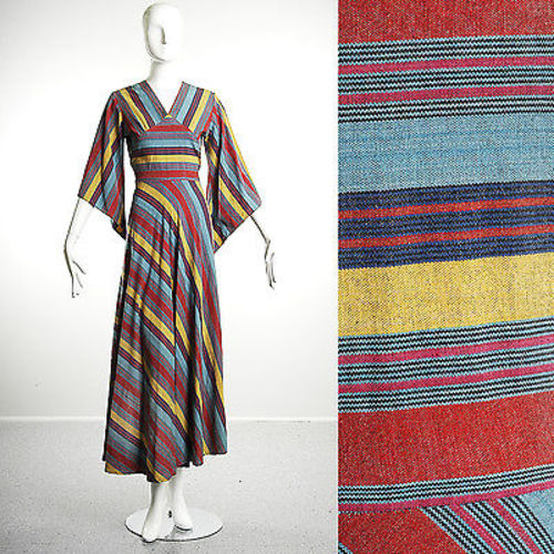 1970s Striped Bohemian Maxi Dress with Angel Sleeve