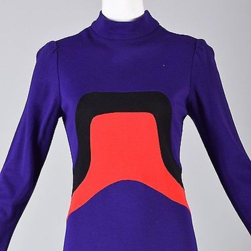 1960s Iconic Space Age Mod Long Sleeve Maxi Dress in Bright Purple Knit