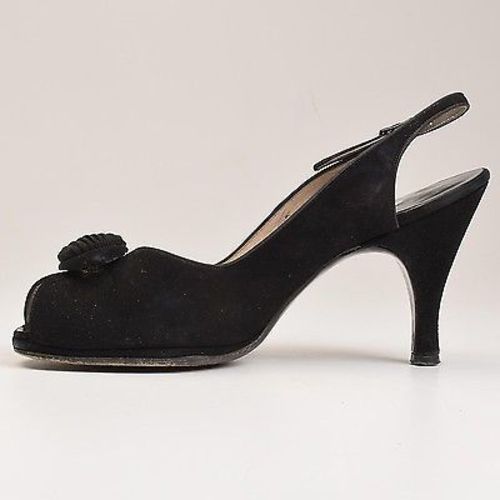 1950s Black Peeptoe Shoes with Matching Purse