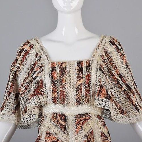 1970s Flowy Silk Bohemian Maxi Dress with Sheer Lace