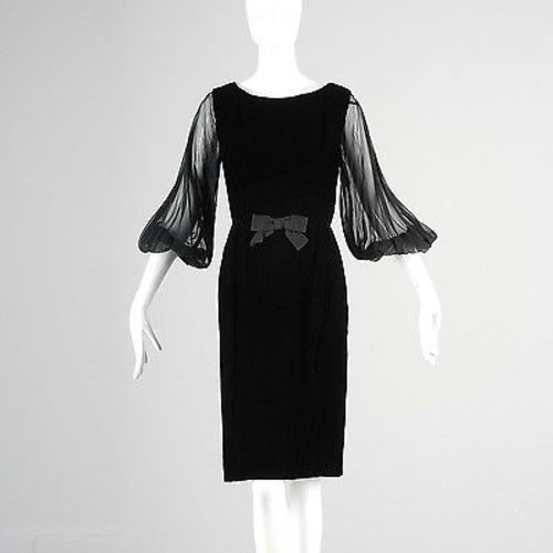 1960s Little Black Velvet Wiggle Dress with Dramatic  Sleeves