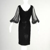 1960s Little Black Velvet Wiggle Dress with Dramatic  Sleeves
