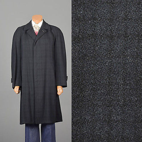 Mens 1950s Black Navy Blue Tartan Coat Overcoat Medium Weight Wool Plaid