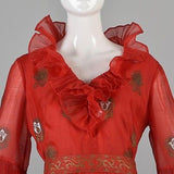 1970s Bright Red Alfred Shaheen Maxi Dress with Bell Sleeves