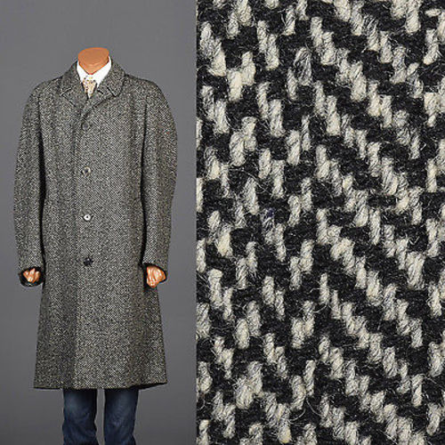 1950 Men's Irish Tweed Overcoat in Black & White Herringbone