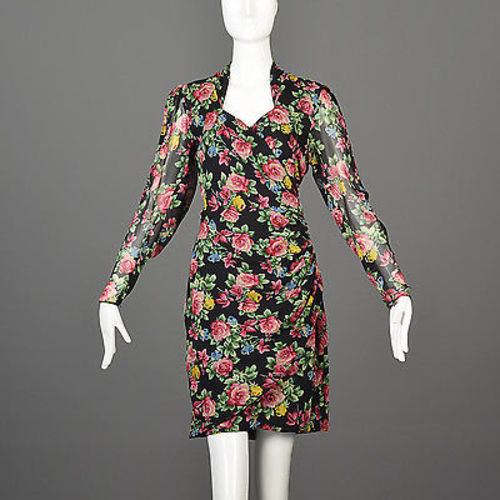 1980s Emanuel Ungaro Parallele Rose Print Silk Cocktail Dress