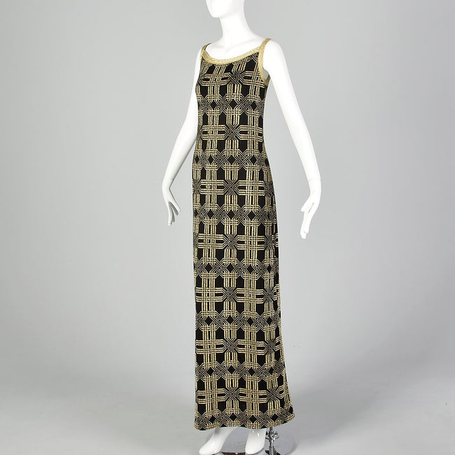 1970s Pierre Balmain Formal Black Maxi Dress with Geometric Gold Lurex Design