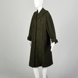 Large 1950s Swing Coat Green Boucle Wool Tweed Shawl Collar Vintage Winter Outerwear