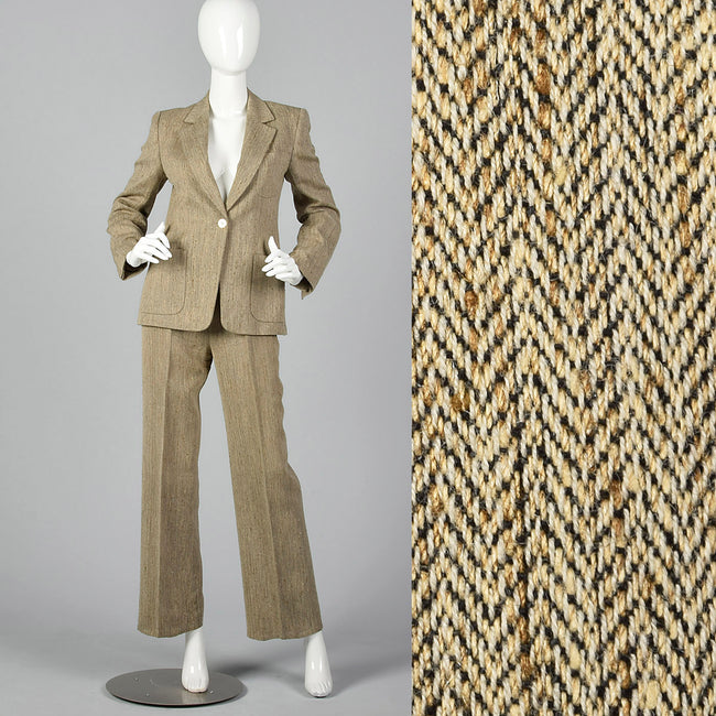 1990s Max Mara Tan Herringbone Two Piece Pant Suit
