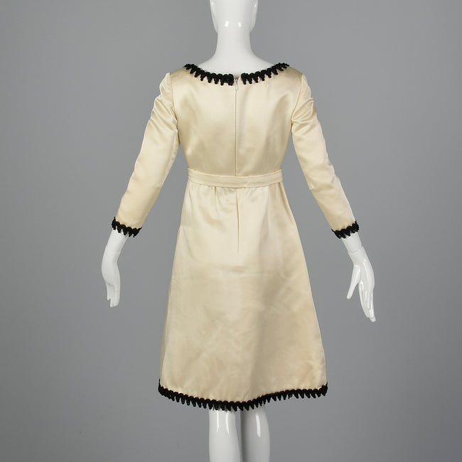 1960s Mollie Parnis White Satin Dress with Black Trim