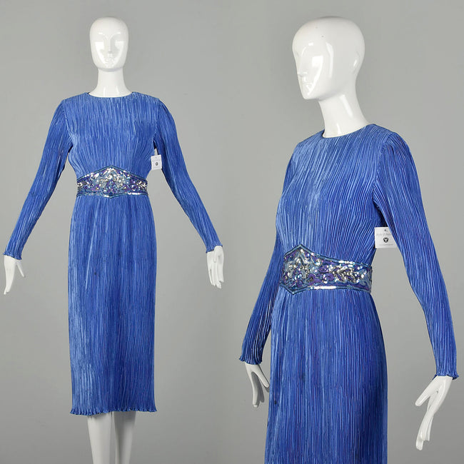 Small 1980s Fortuny Pleated Periwinkle Dress Blue Evening Dress Cocktail Dress Sequin Waistline