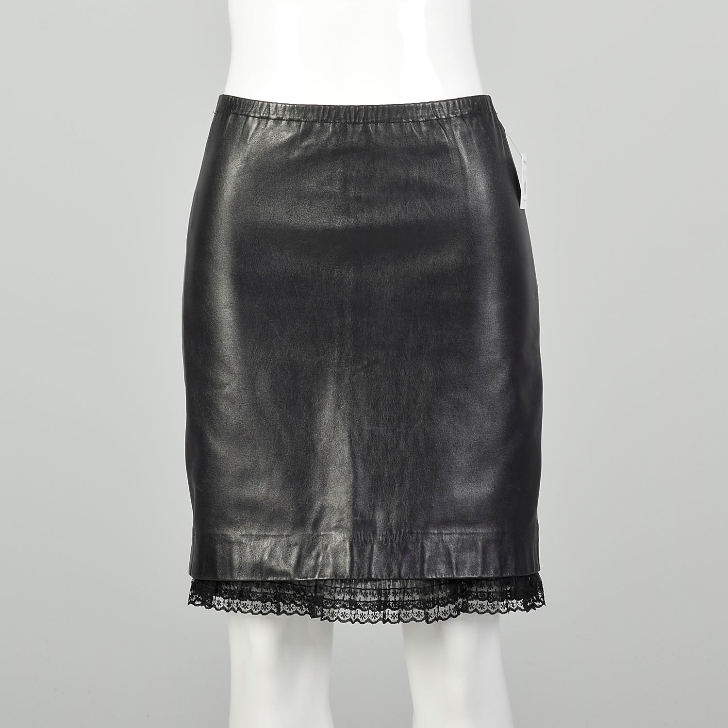 XS 1990s Leather Skirt Black Sexy Peekaboo Lace Trim – Style Salvage