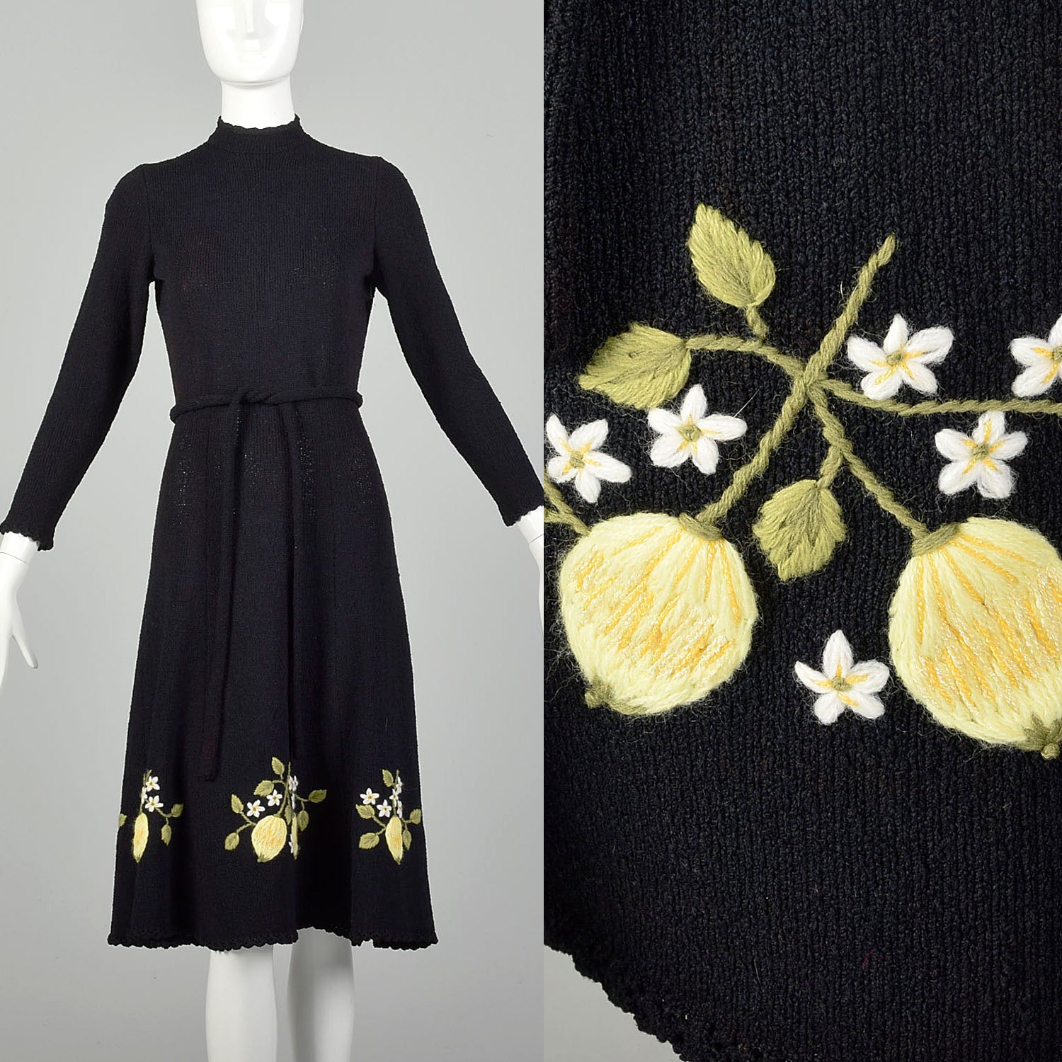Medium 1970s Black Dress Yellow Floral Embroidery Long Sleeve Tie Waist Knit