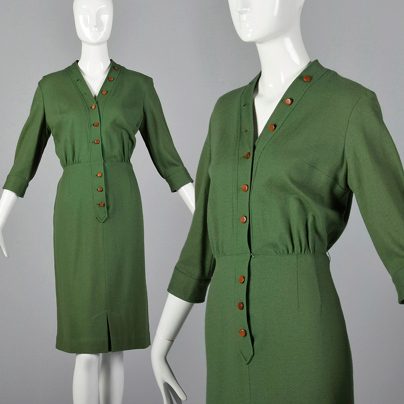 1960s Green Wool Pencil Dress with Button Front