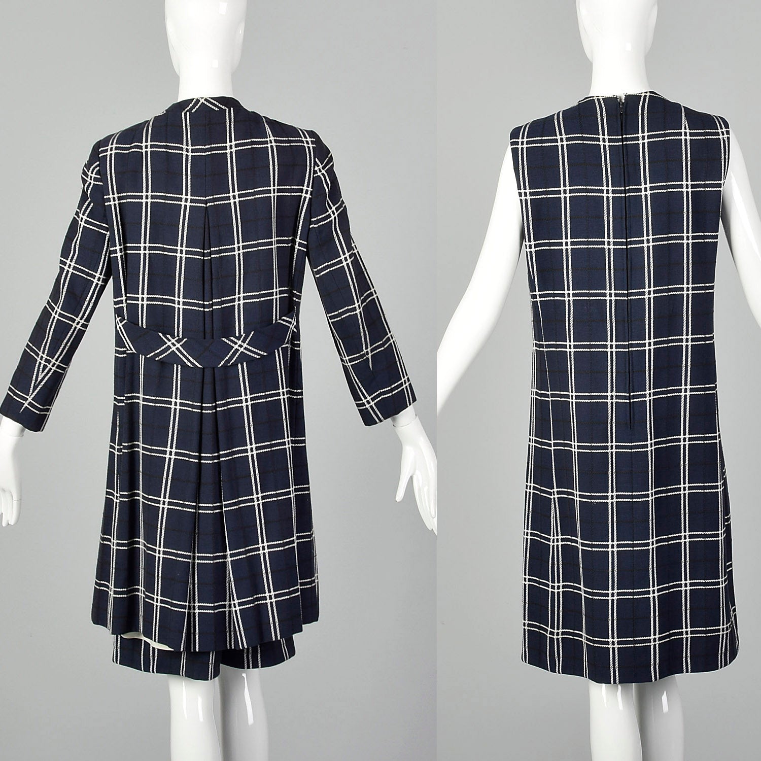 Large 1960s Navy Plaid Dress and Jacket Set