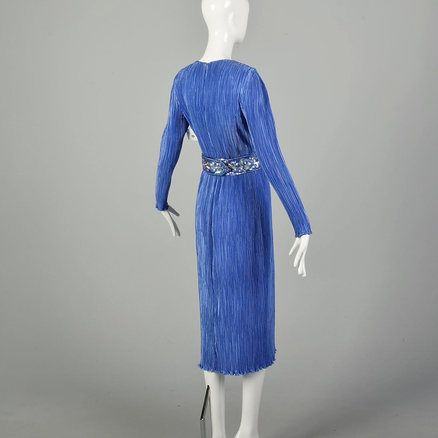 Small 1980s Fortuny Pleated Periwinkle Dress Blue Evening Dress Cocktail Dress Sequin Waistline